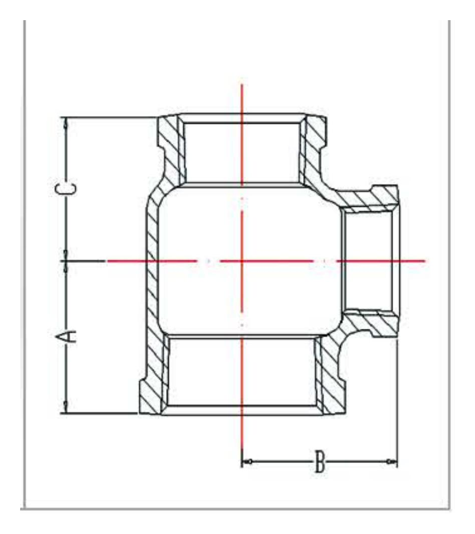 Malleable Iron Reducing Tee Fig.131R dimension drawing