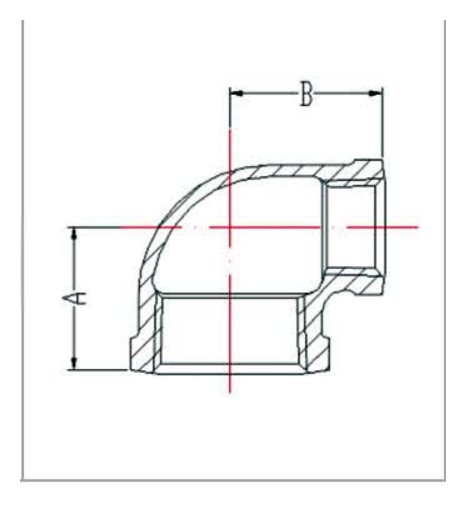 Malleable Iron 90 Degree Reducing Elbow Fig.90R dimension drawing