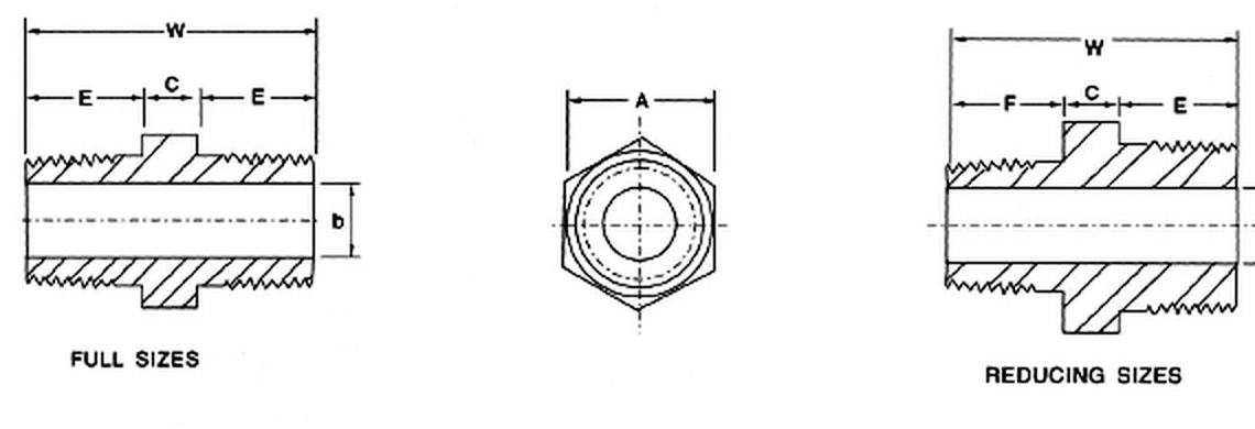 Stainless Hex Nipple dimension drawing