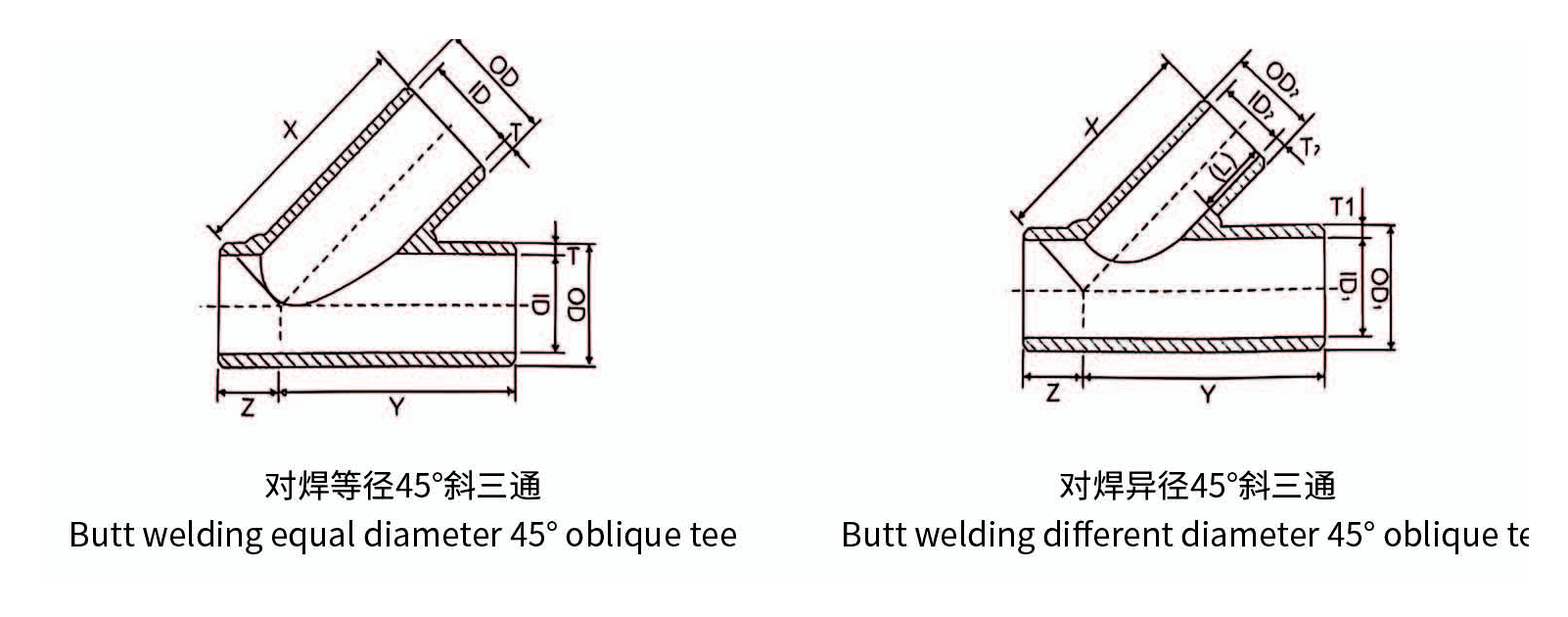 Stainless Steel Butt Weld Oblique Tee dimension drawing