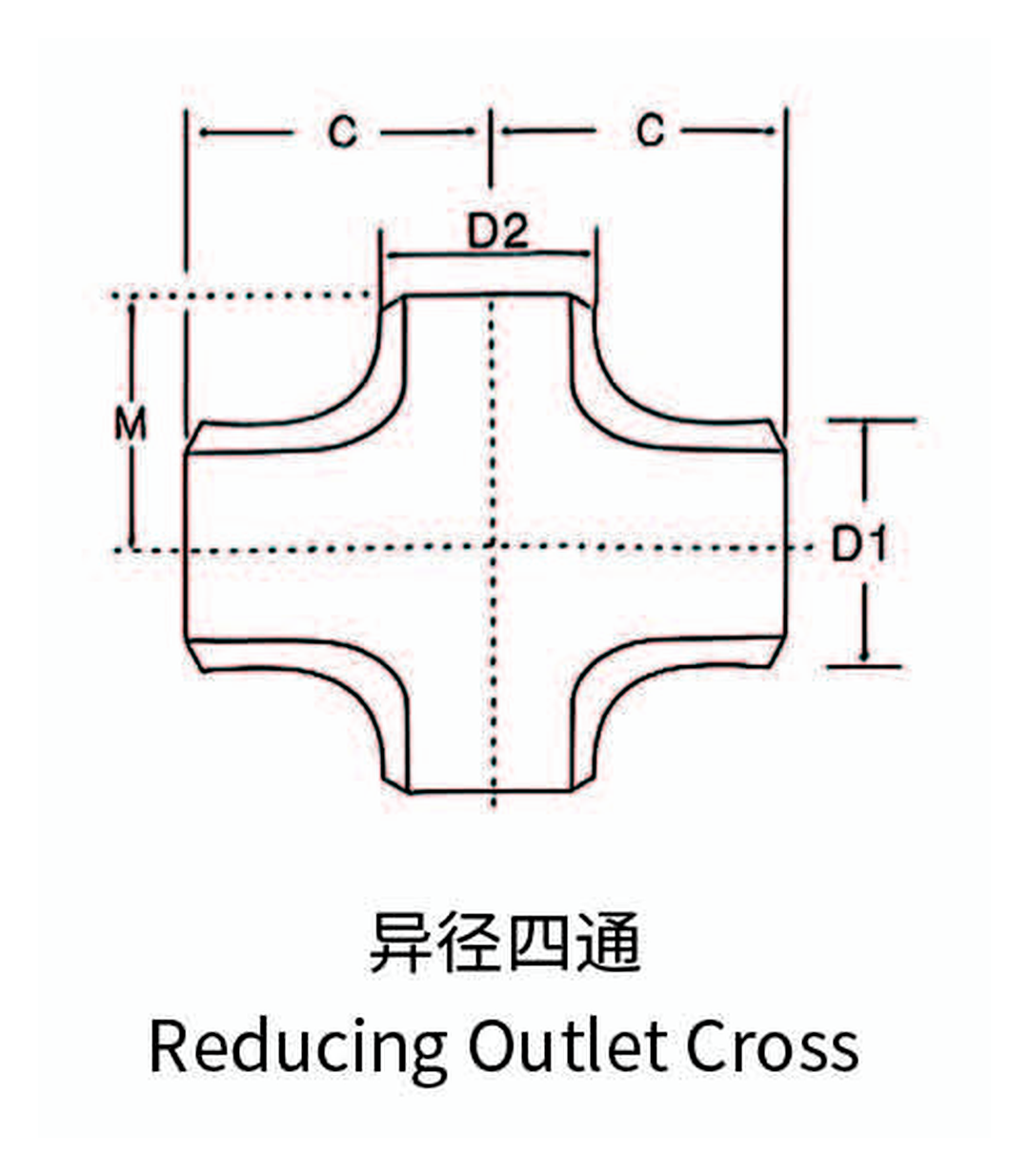 Stainless Steel Butt Weld Reducing Cross dimension drawing