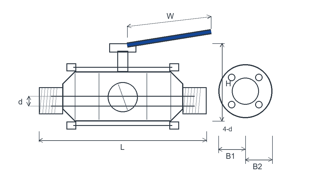 Stainless Steel Three Piece Ball Valve dimension drawing