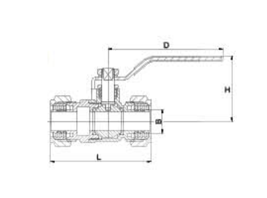 Aluminum Plastic Pipe Brass Ball Valve Double Cassette dimension drawing