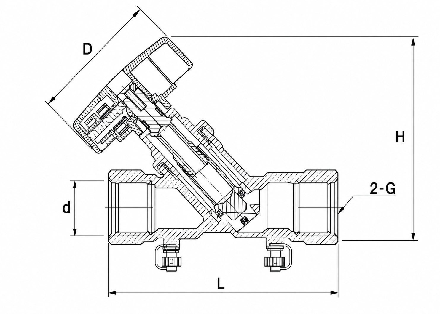 Angled Brass Balance Valve With Red Handwheel dimension drawing