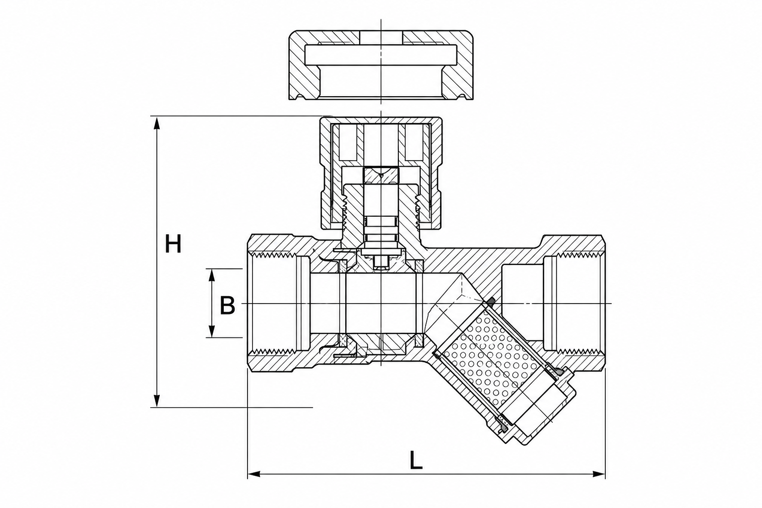 Brass Magnetic Locking Filter Ball Valve dimension drawing