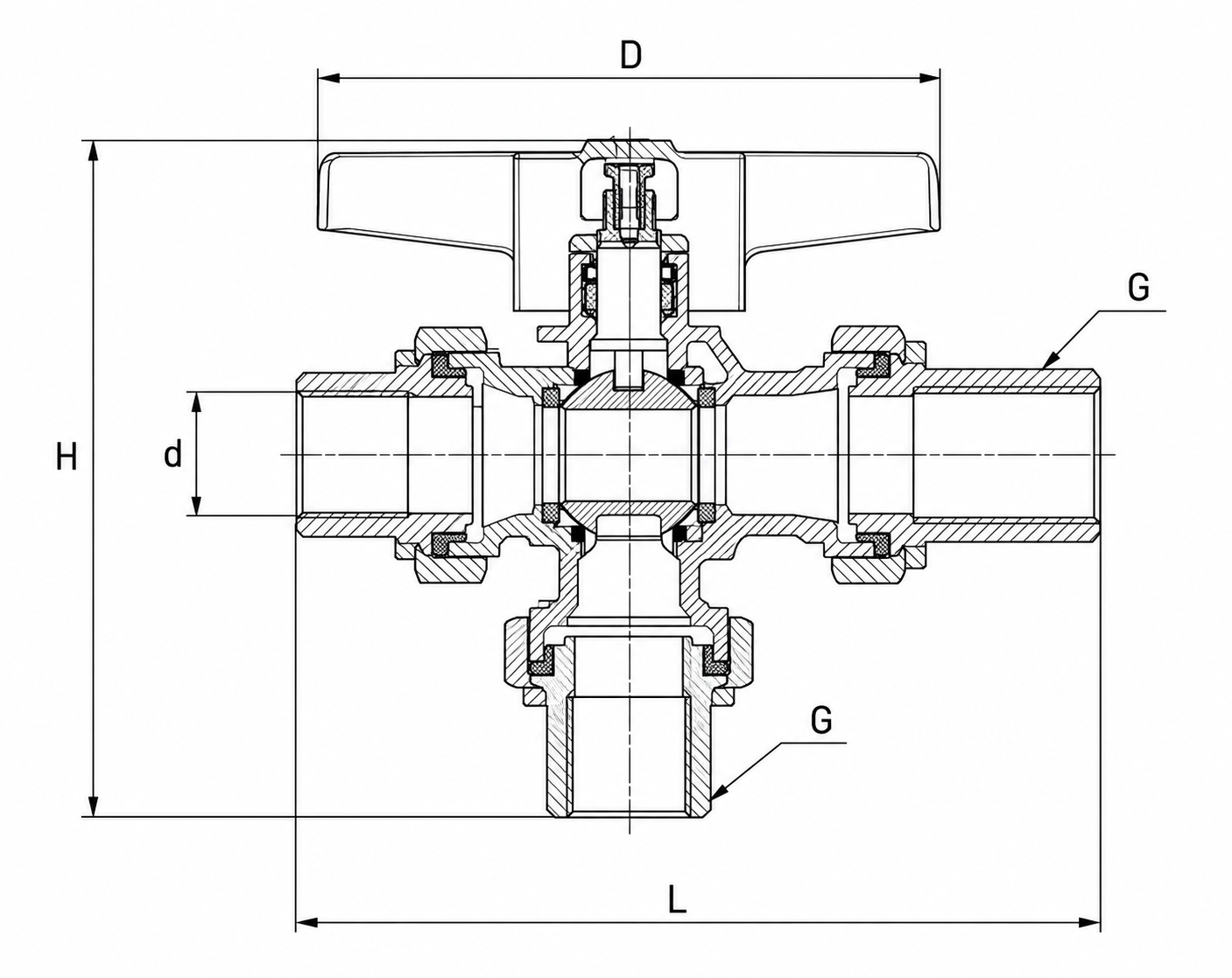 Brass Three-Way Regulating Ball Valve dimension drawing