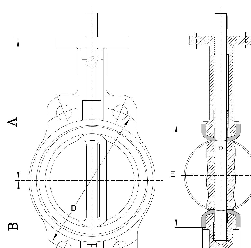 Rubber Lined Butterfly Valve dimension drawing