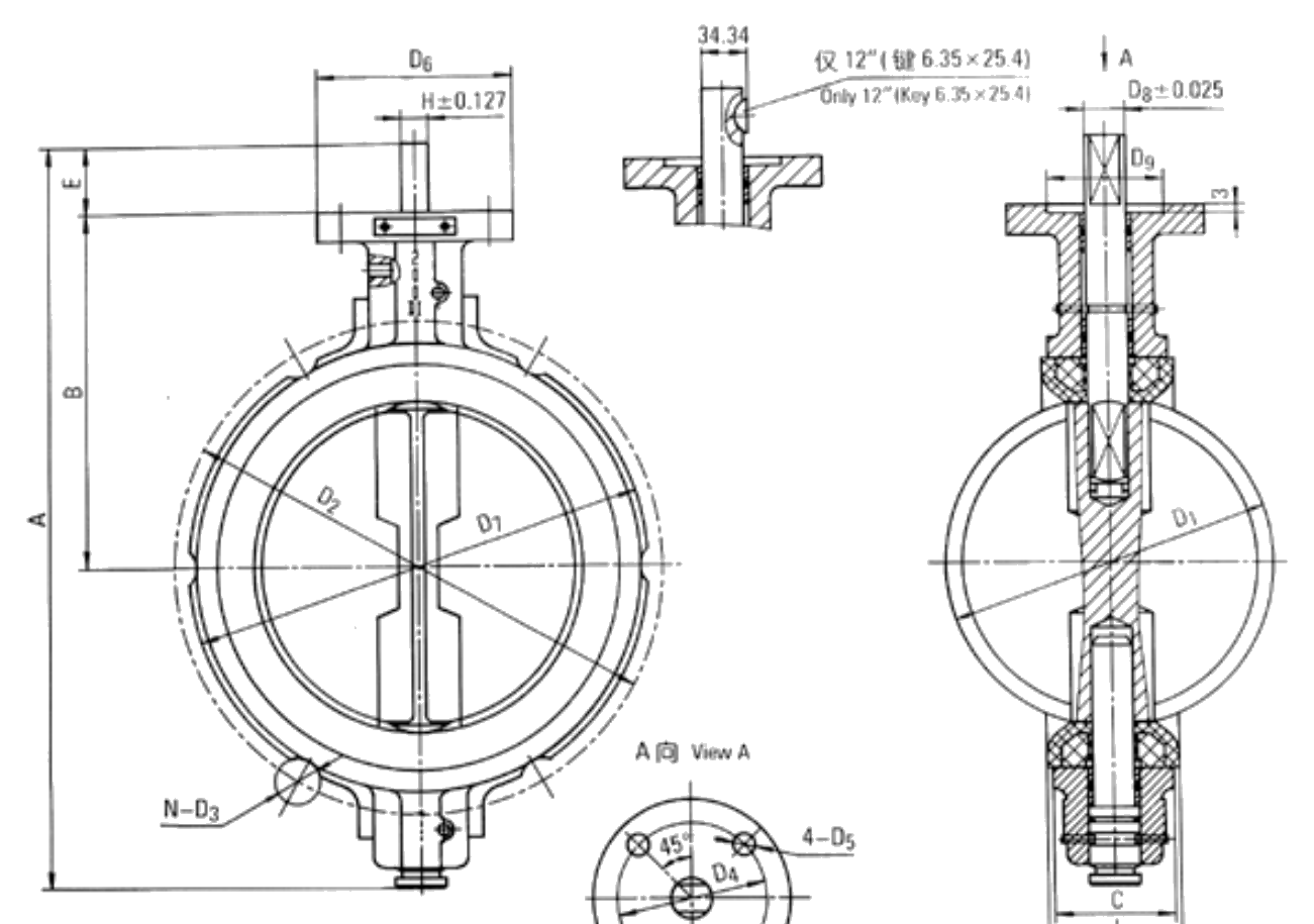 Short-Neck Slim-Disc Butterfly Valve dimension drawing