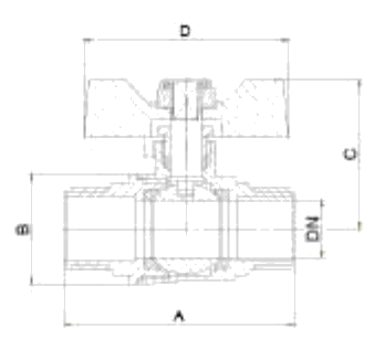 Small Double Male Butterfly Handle Electroplated Ball Valve dimension drawing