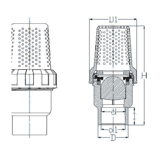 UPVC Ball Foot Valve dimension drawing